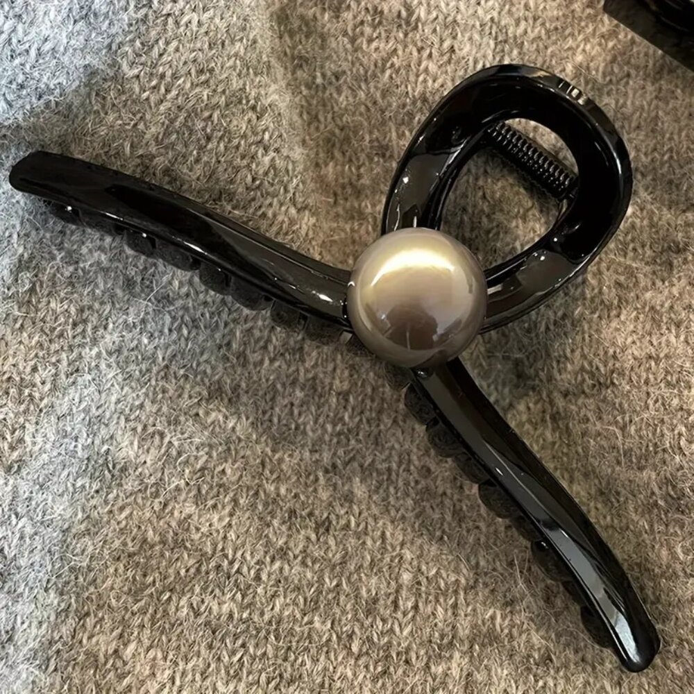 Minimalist Black Hair Clip with Imitation Pearl Accent - NEW